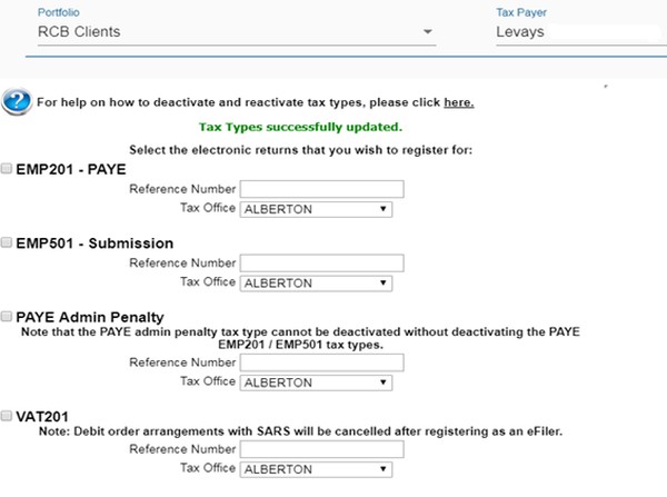 Screenshot of Message Tax Types successfully updated.