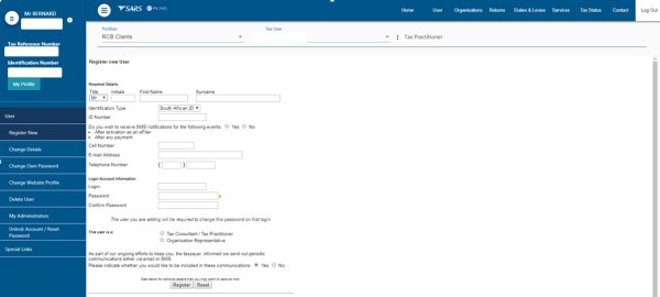 Screenshot of Register New screen