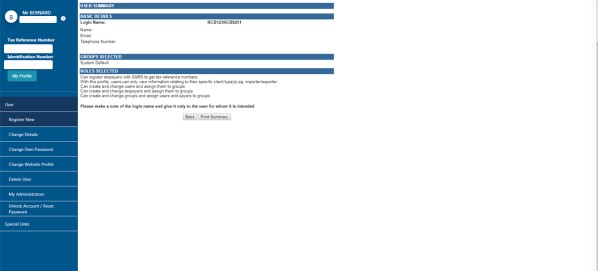 Screenshot of User summary screen