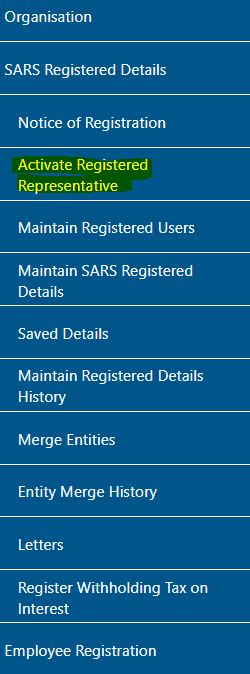 Screenshot of Activate Registered Representative on Organisation Menu
